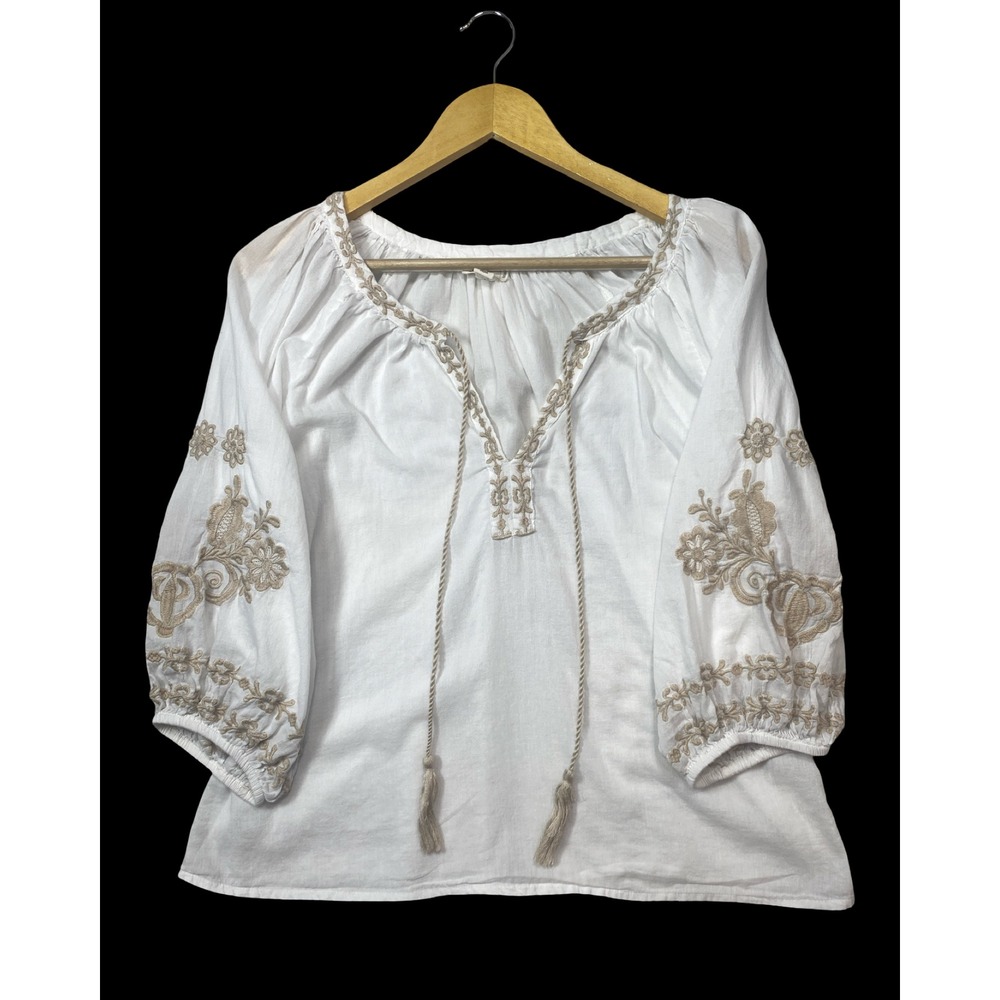 Artelier Nicole Miller White Embroidered Cotton Peasant Blouse Tassel Top S EUC - Picture 6 of 10